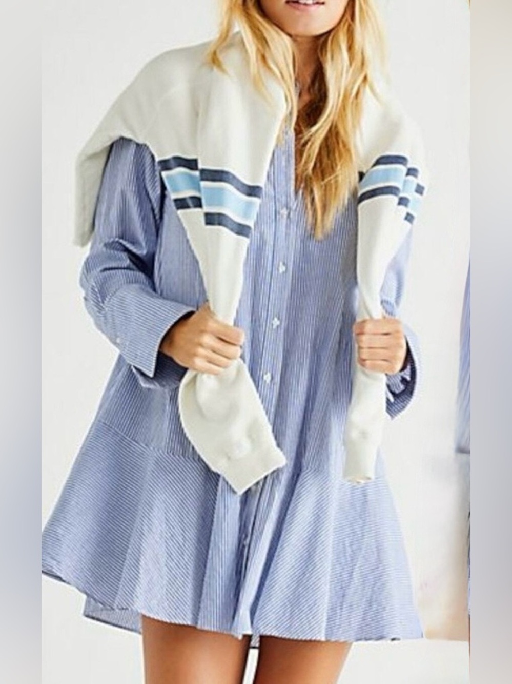 Free People “All For You” Blue White Striped Shirt Dress size Large
